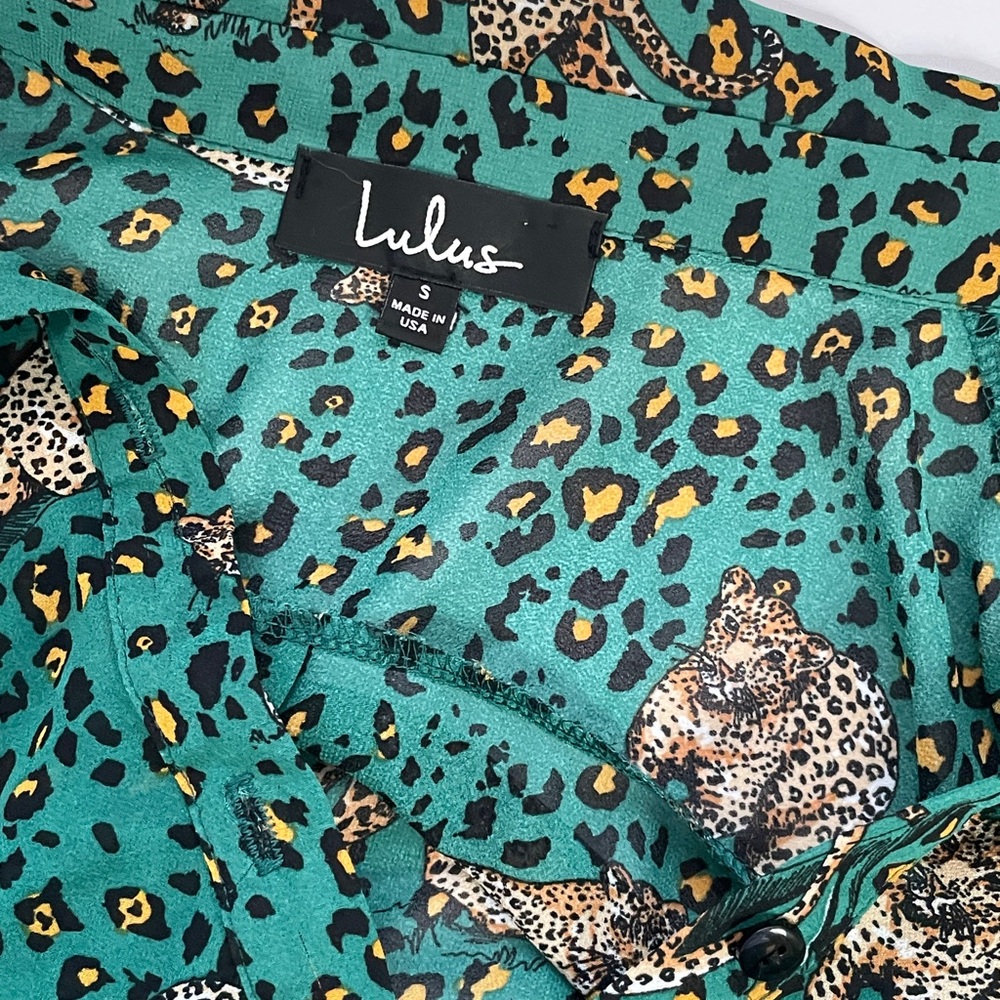 Lulus Green Leopard Print Button-Down Blouse Size… - image 5